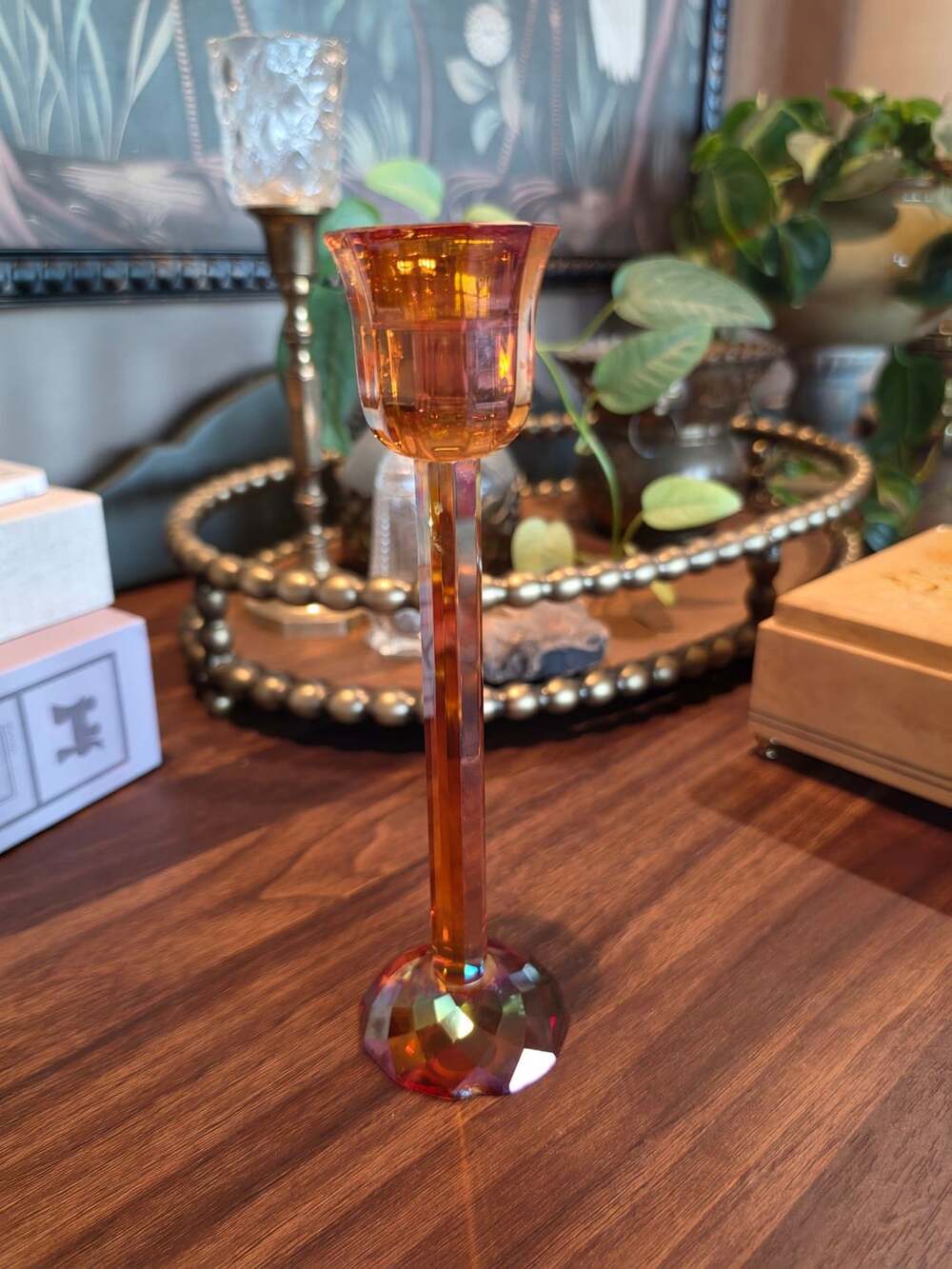 Simon Designs Amber Faceted Crystal Candlestick Holder